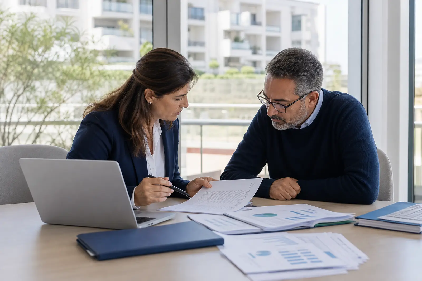 Dos profesionales revisando cuentas, facturas y contratos de una comunidad