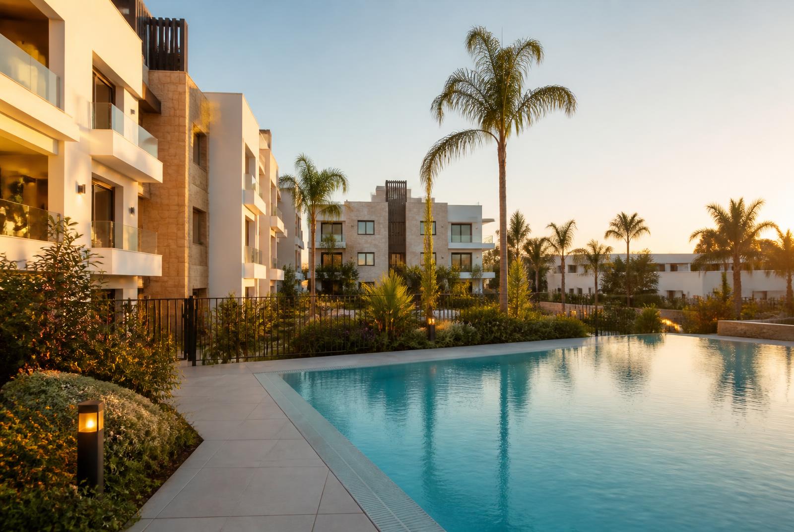 Comunidad residencial bien mantenida con piscina, jardines y palmeras al atardecer