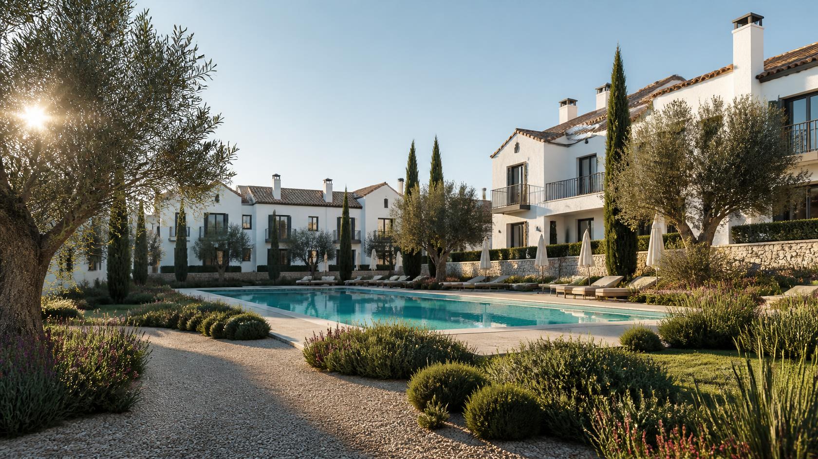 Comunidad residencial en Granada con casas blancas, olivos y piscina comunitaria