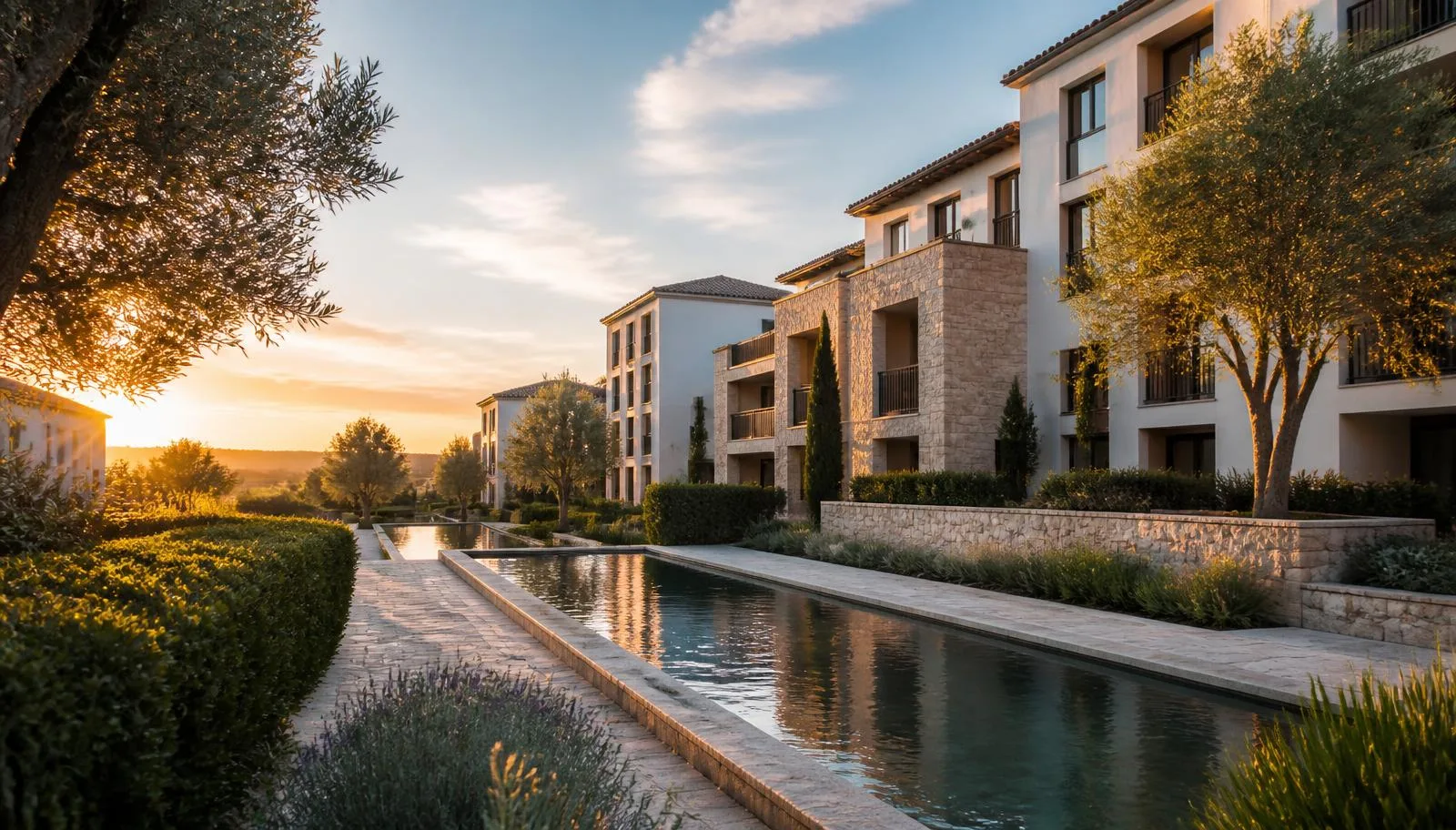 Patio comunitario de una residencial del sur de España con lámina de agua y olivos