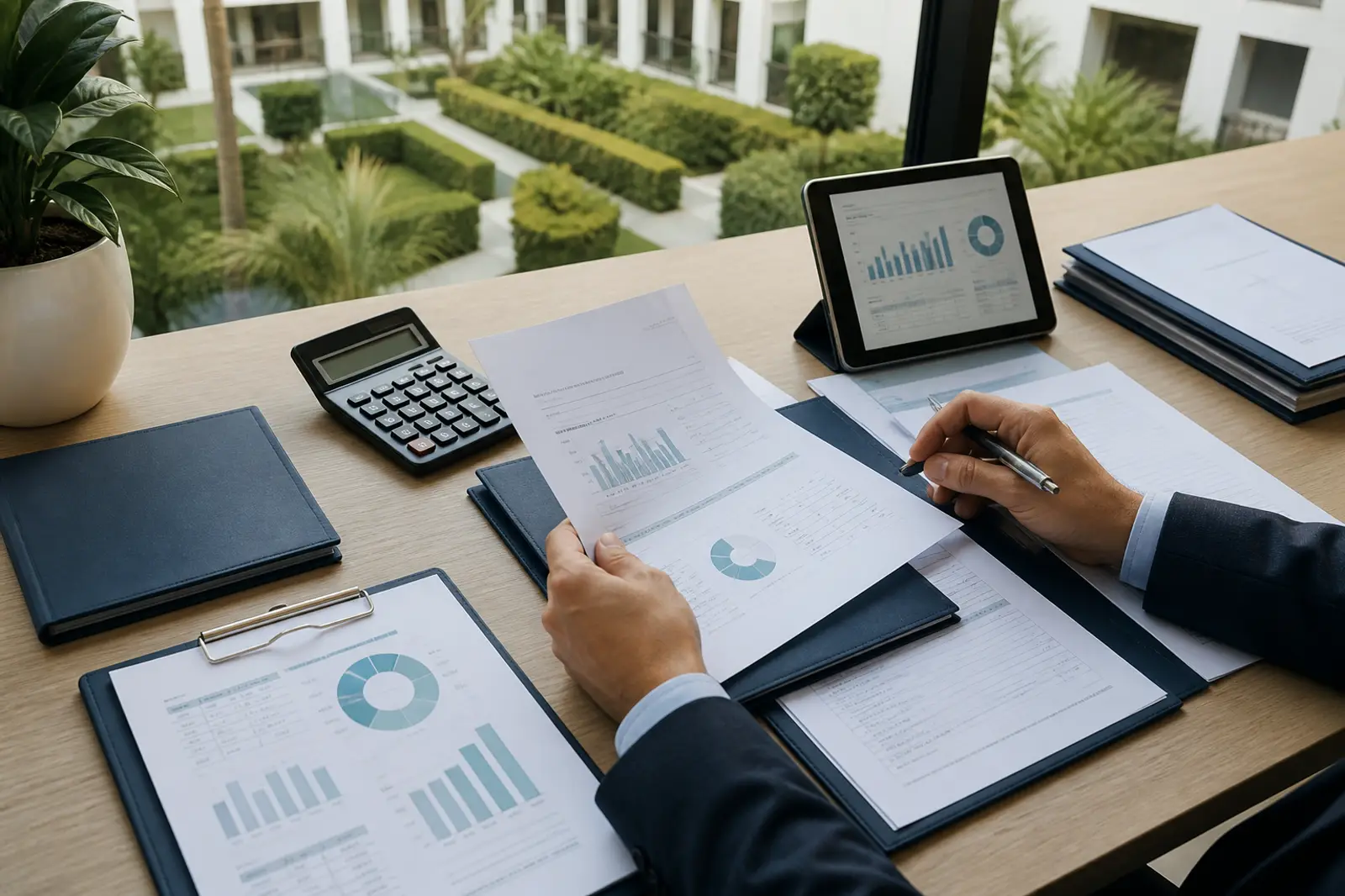 Mesa de trabajo con informes económicos y facturas de la comunidad