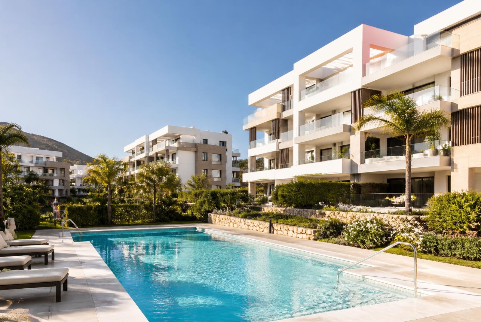 Fachadas de una comunidad residencial con jardines y piscina comunitaria
