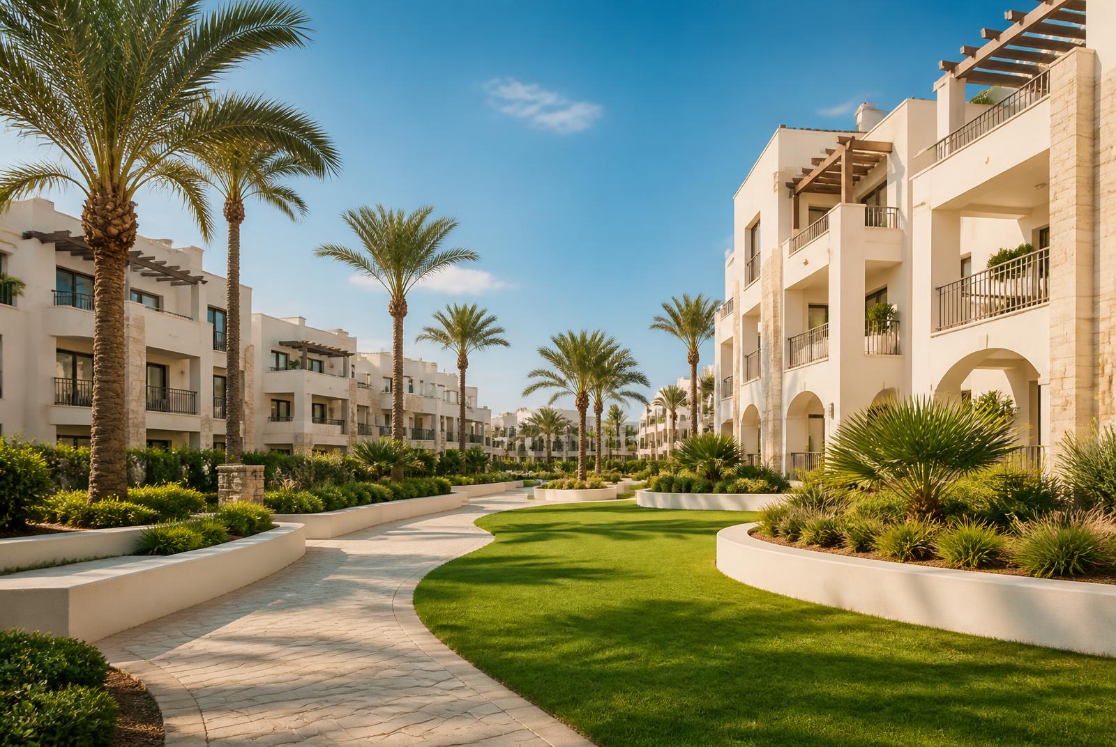 Comunidad residencial mediterránea con jardines, palmeras y paseos