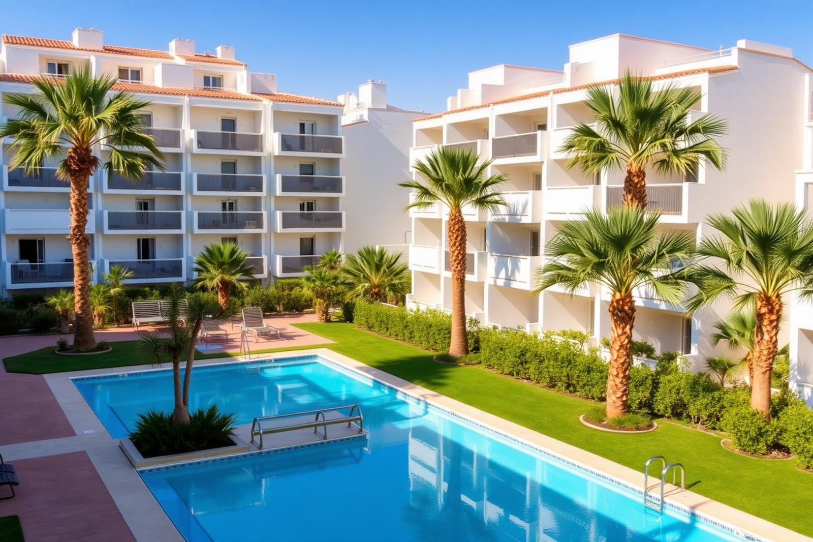 Piscina comunitaria rodeada de palmeras en una residencial de Alicante