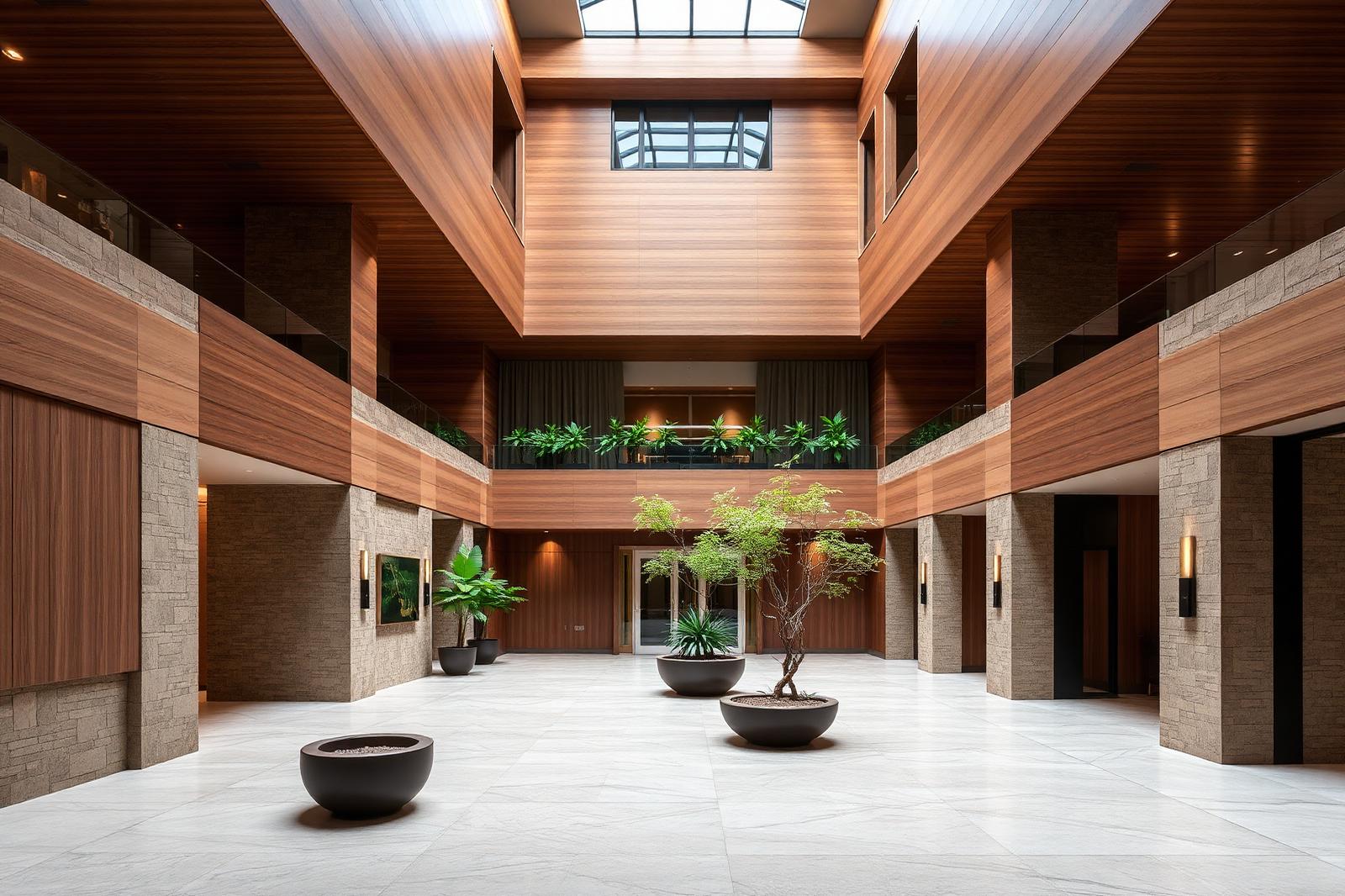 Atrio interior de un edificio residencial con doble altura, madera y vegetación
