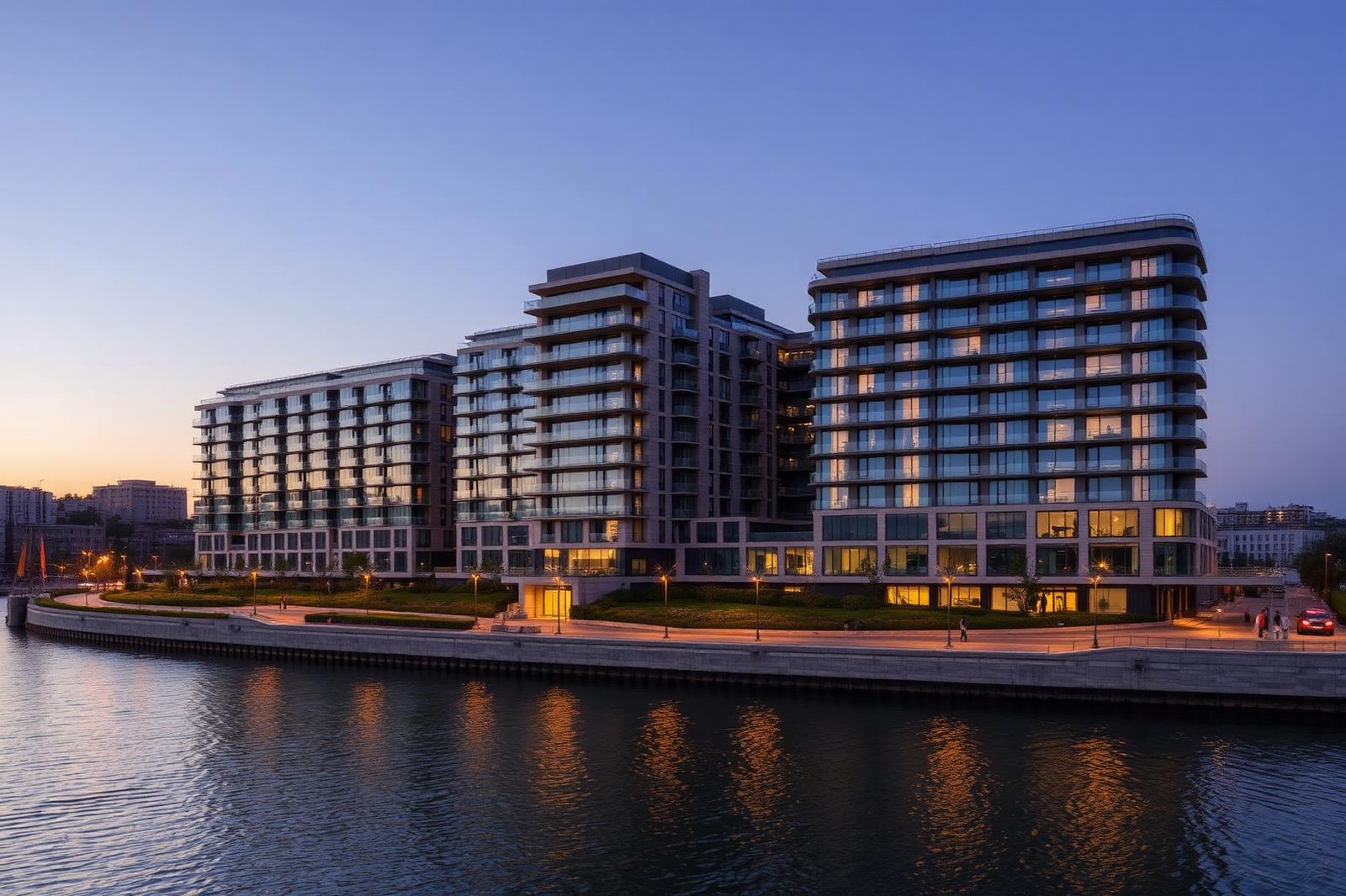 Edificios residenciales junto a la ría de Bilbao al anochecer