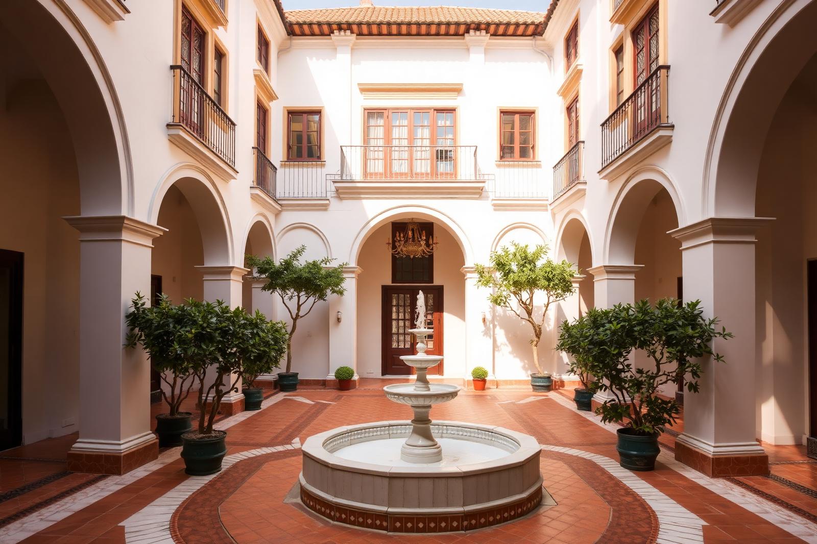 Patio interior de una comunidad sevillana con arcos, naranjos y fuente de azulejos