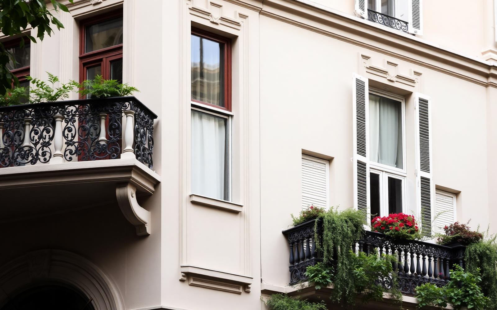 Fachada de una finca residencial de Barcelona con balcones de forja y plantas