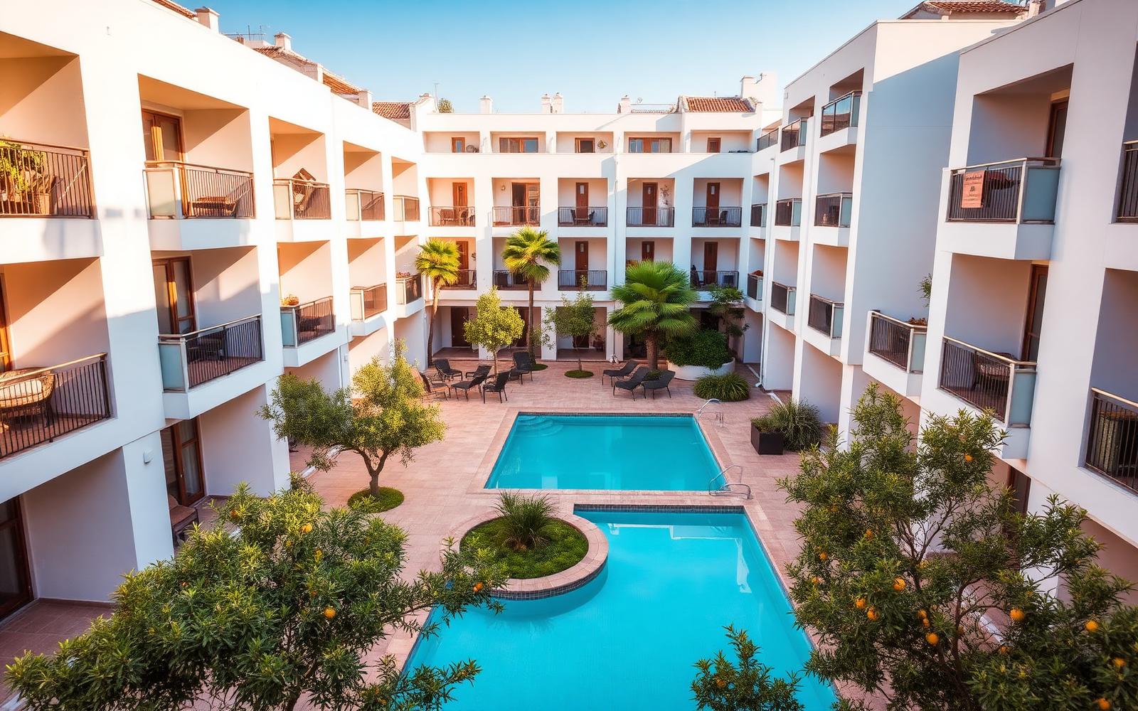 Patio comunitario de una residencial de Sevilla con naranjos y piscina